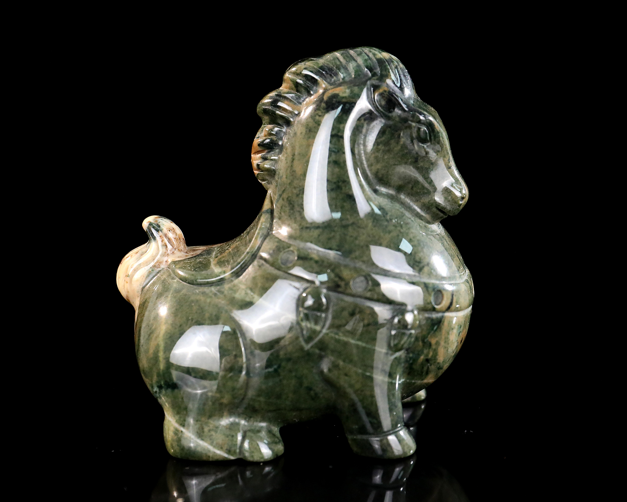 Hand-Carved Jiulong Jade Tang Horse Sculpture - Unique Gemstone Collectible for Pony Lovers & Crystal Enthusiasts
