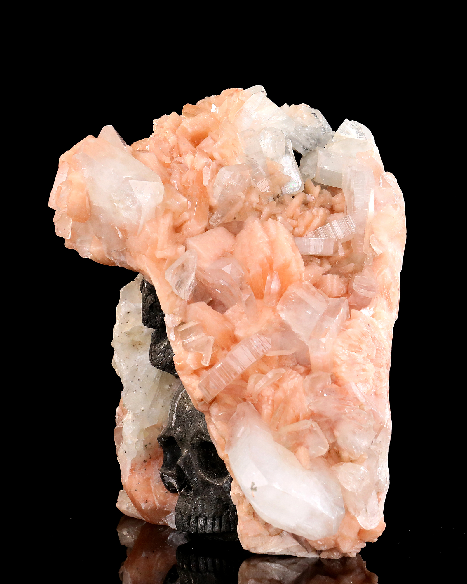 9.8” Unique Raw Indian Apophyllite with Stilbite Hand Carved Crystal Skull and Snake Sculpture, Unique Crystal Carving for Collectors