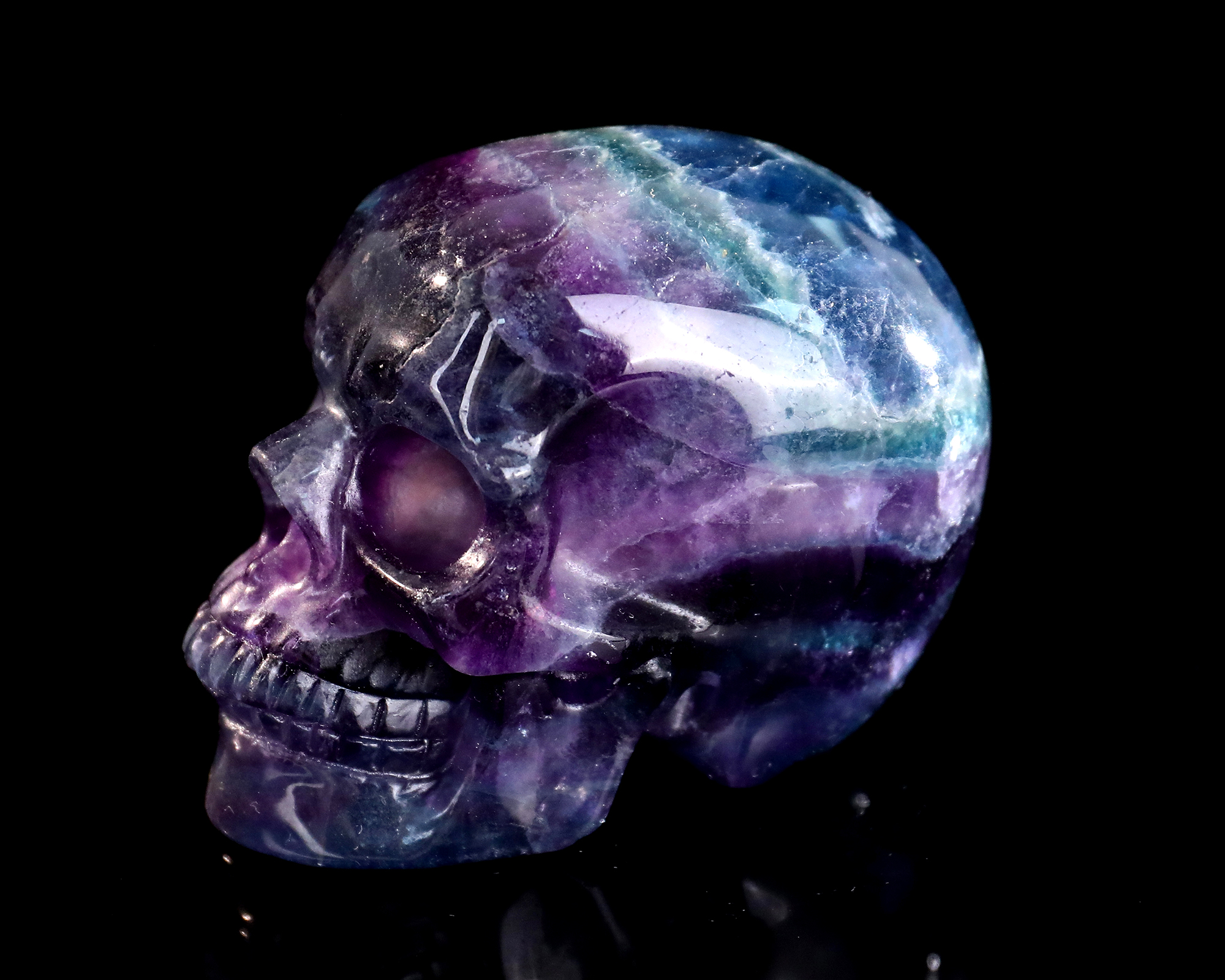 Ice-Clear Multihued Natural Fluorite Skull - Artisan Hand-Carved Sculpture