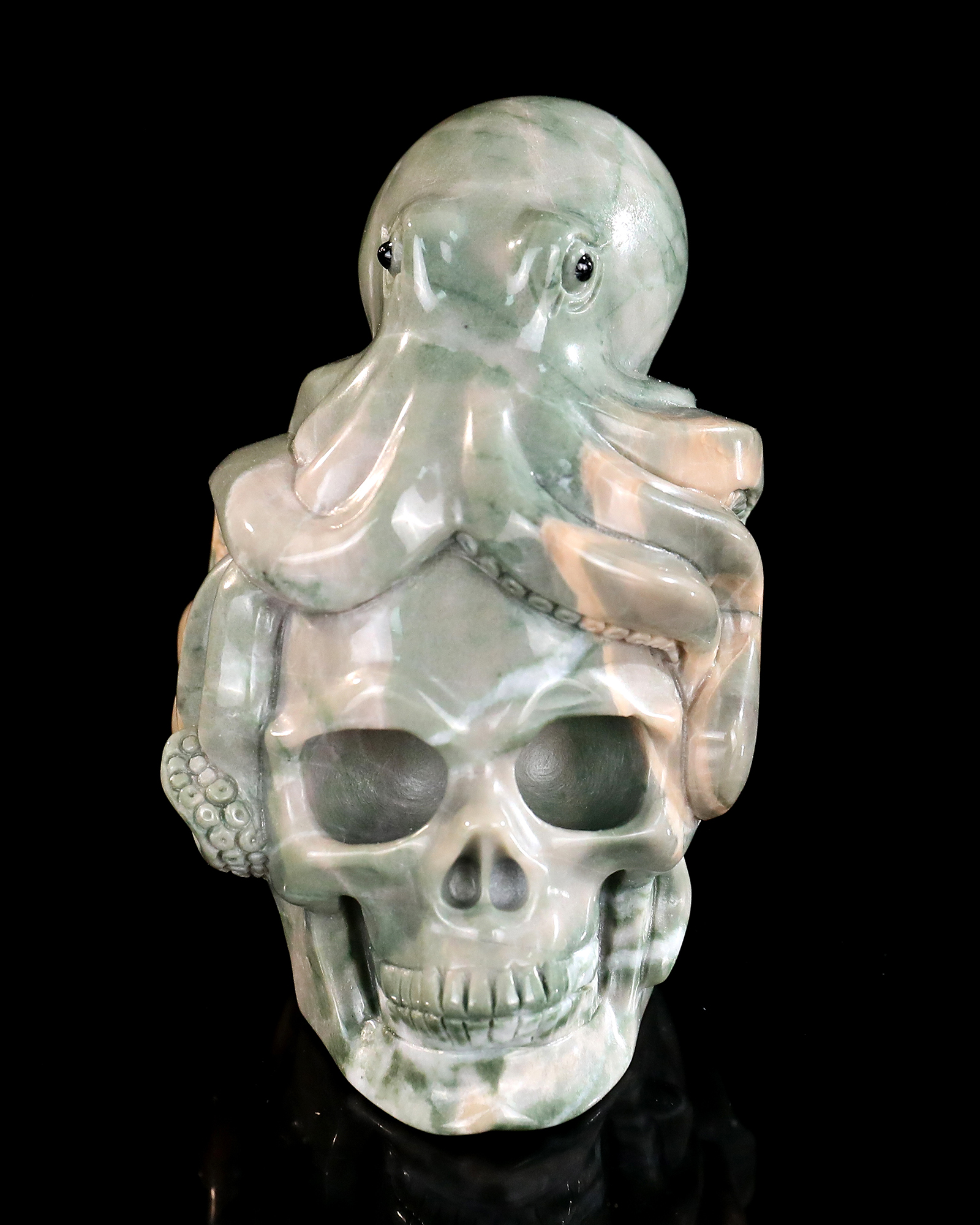 Natural Jiulong Jade Skull & Octopus Carving Handcrafted Gemstone Sculpture