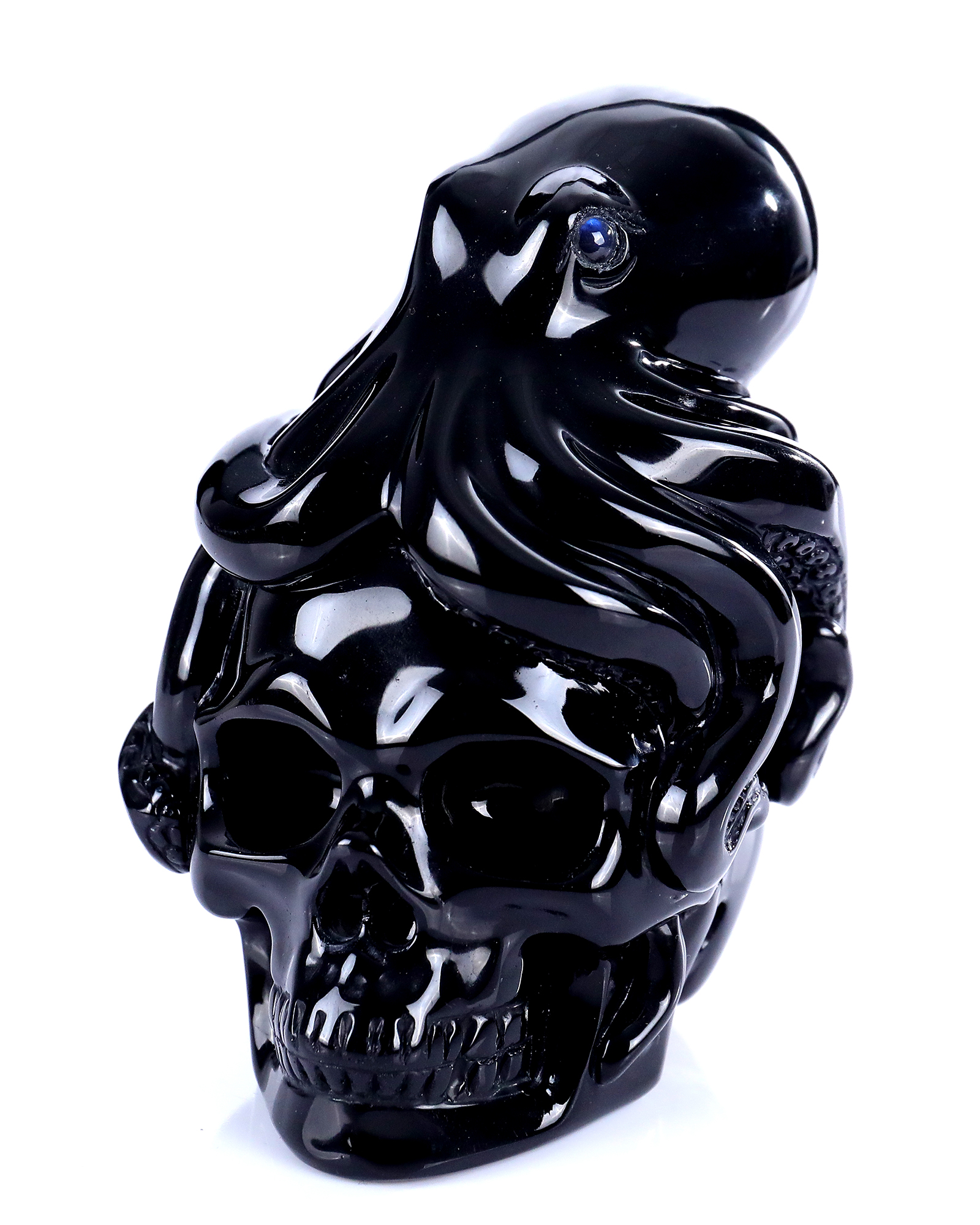 5.0" Black Obsidian Skull Carving with Handcrafted Octopus Accent Natural Stone Sculpture