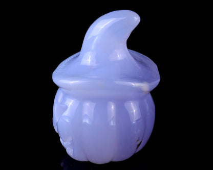 2.2” Natural Blue Chalcedony Hand Carved Crystal Wizard Pumpkin Sculpture, Halloween Gift