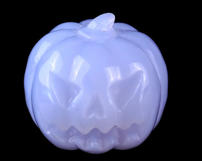 1.7” Natural Blue Chalcedony Hand Carved Crystal Pumpkin Sculpture, Halloween Gift