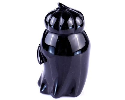 Cute 3.0" Black Obsidian Hand Carved Crystal Pumpkin Ghost Sculpture,Halloween Gift