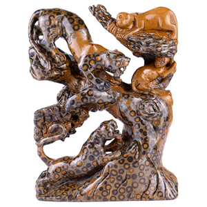 Amazing 9.3" Leopard Skin Jasper Hand Carved Crystal Leopards & Monkeys Sculpture