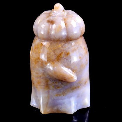 3.1” Natural Chalcedony Hand Carved Crystal Pumpkin Ghost Sculpture, Halloween Gift