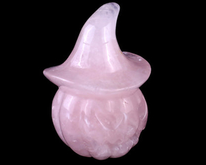 3.3” Natural Rose Quartz Hand Carved Crystal Wizard Pumpkin Sculpture, Halloween Gift