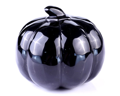 3.5” Natural Black Obsidian Hand Carved Crystal Pumpkin Sculpture, Halloween Gift
