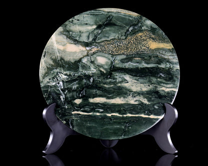 9” Natural Jiulong Jade Crystal Circular Display Plate Sculpture with Wooden Stand