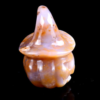 2.3” Natural Chalcedony Hand Carved Crystal Wizard Pumpkin Sculpture, Halloween Gift