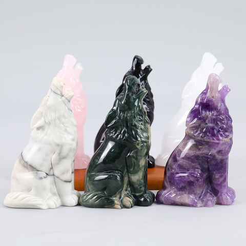 Natural Gemstone Carved Wolf Carving, Crystal Fengshui Decor Wolf Sculpture