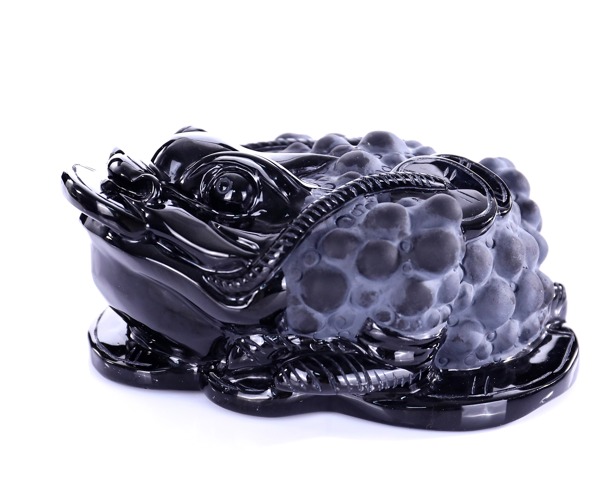 7 Inch Natural Obsidian Coin Dragon Turtle Statue - Feng Shui Lucky Charm for Wealth & Home Protection