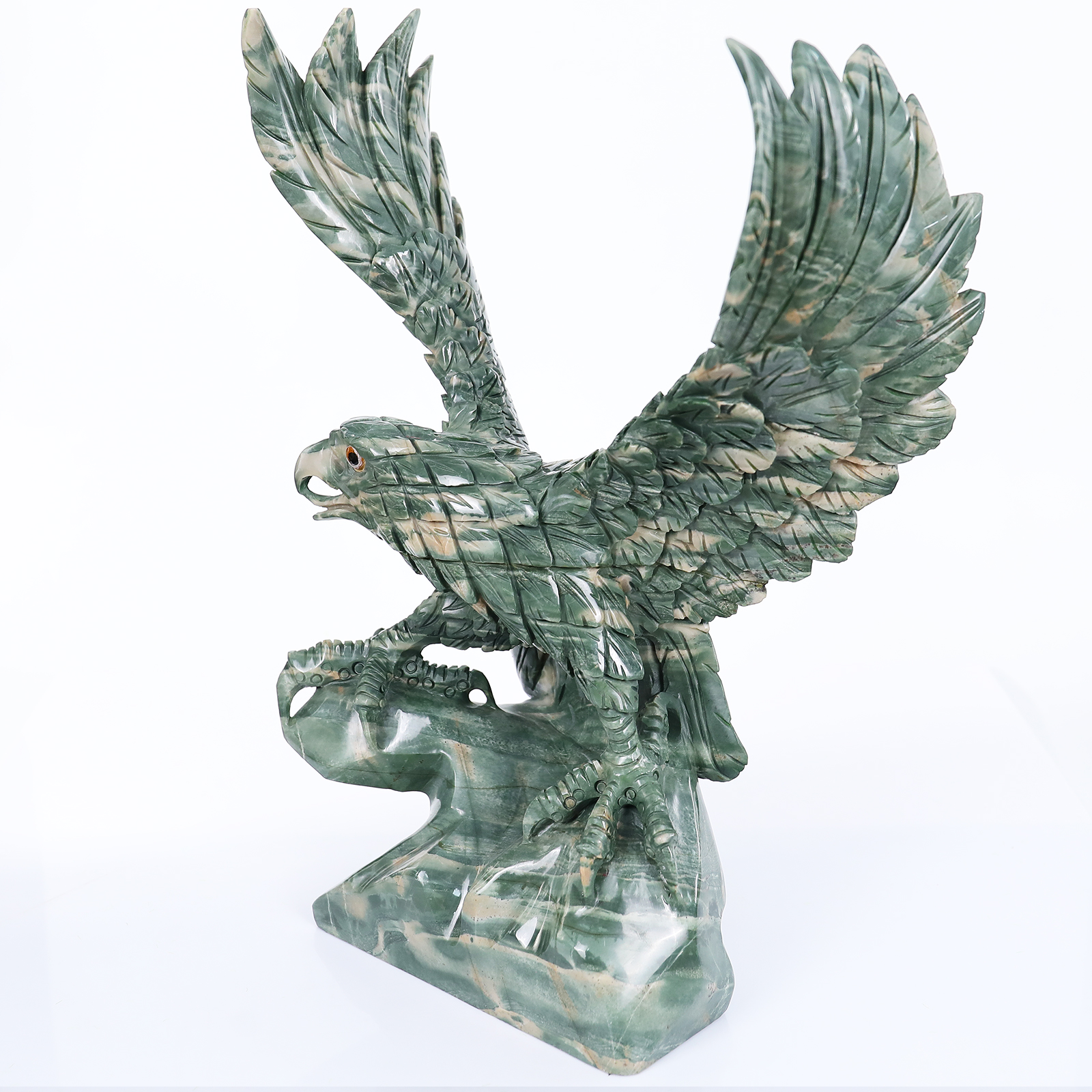 16.5" Natural Nine-Dragon Jade Eagle Feng Shui Sculpture - Large Hand-Carved Lucky Decor Statue