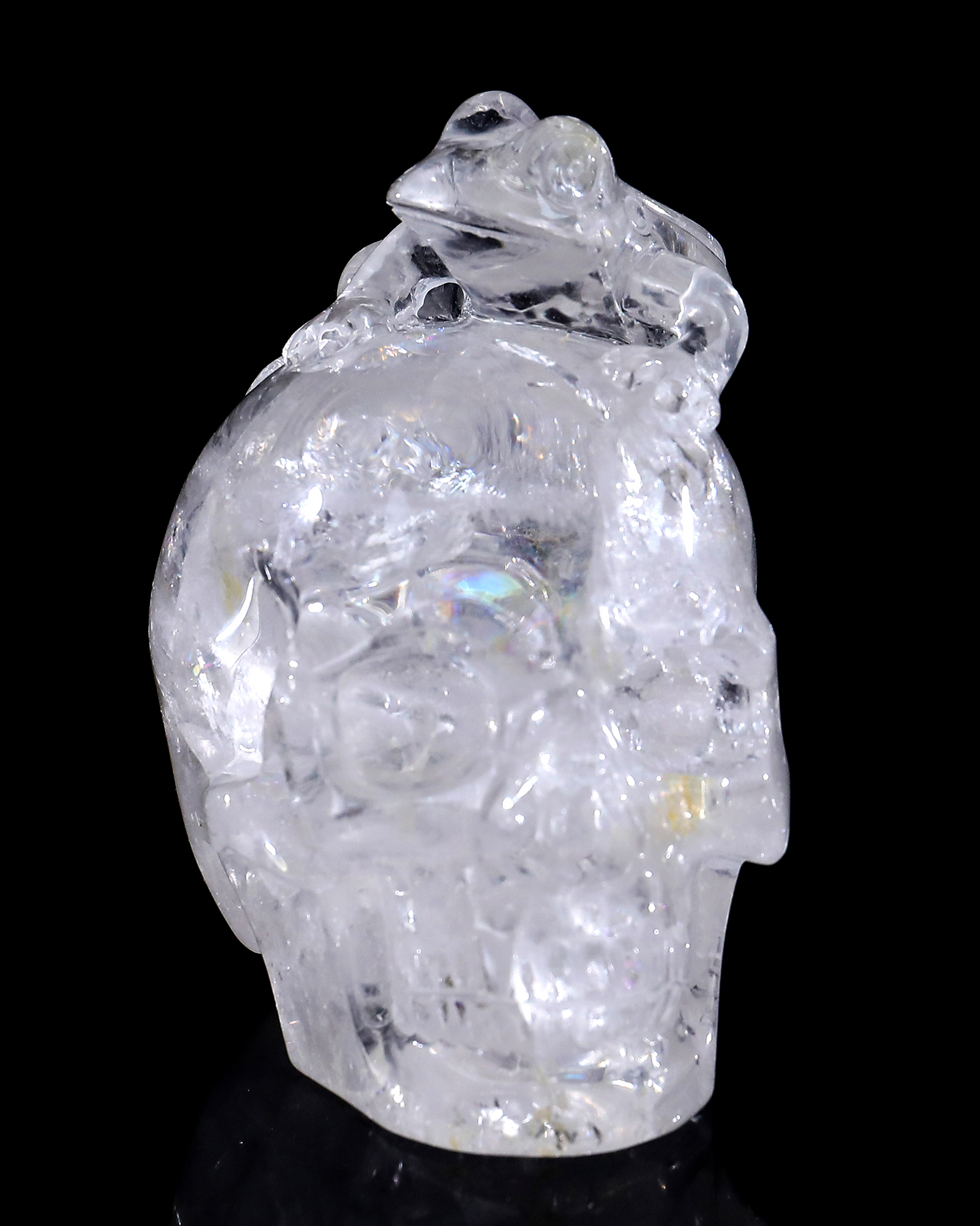 3.8-inch Hand Carved Clear Quartz Skull with Frog - Natural Crystal Sculpture for Spiritual Decor & Collection