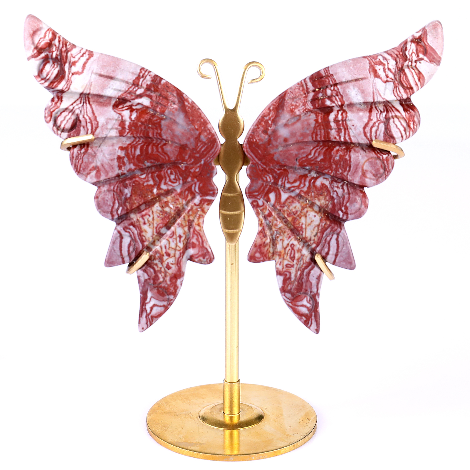 Wholesale Natural Red Crazy Lace Agate Bracket Butterfly with Copper Stand Spiritual Decor Crystal Handicraft Gemstones Souvenir