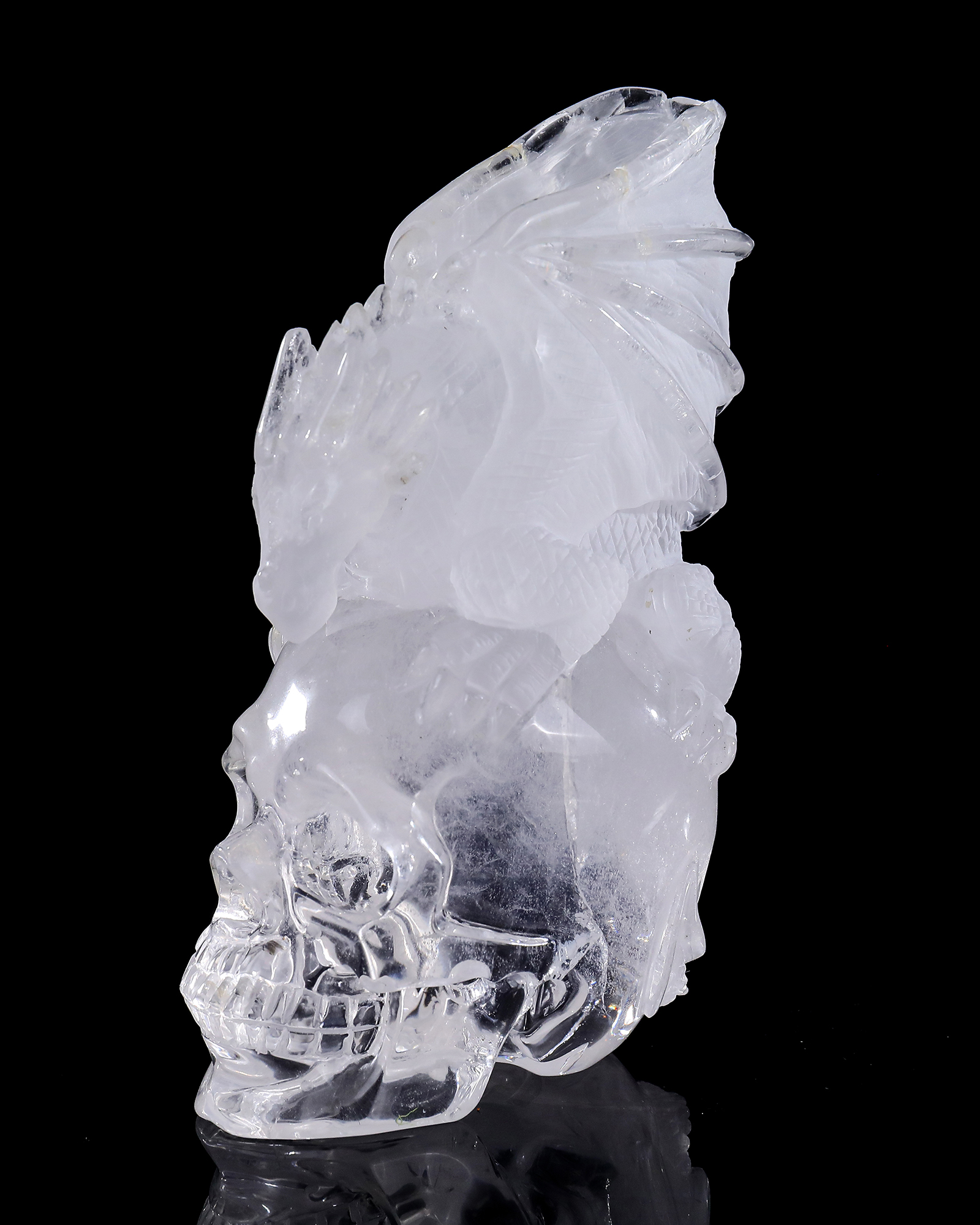 5-inch Clear Crystal Skull & Pterosaur Hand-Carved Ornament - Unique Home Decor for Display, Ideal Gift for Crystal Collectors, Symbolic Artwork