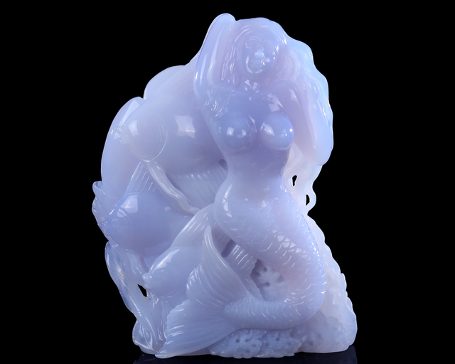 8 Inch Blue Chalcedony Mermaid & Goldfish Hand-Carved Statue - Lifelike Artisan Craft Decor