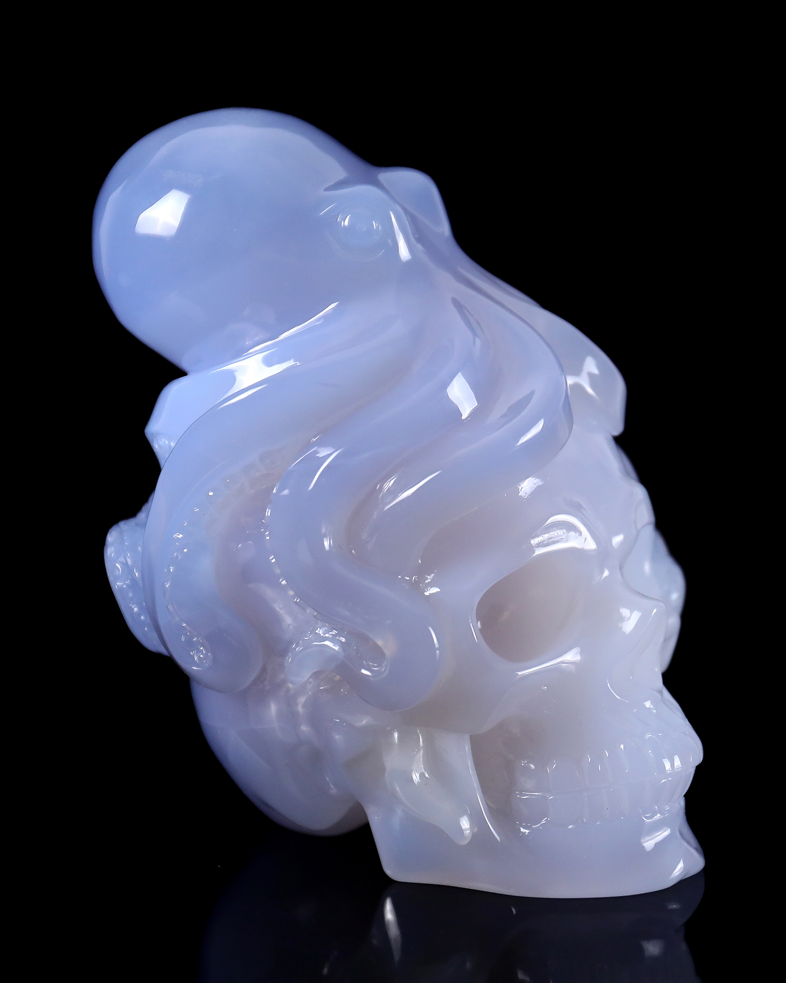 6.5 Inch Blue Chalcedony Hand-Carved Skull & Octopus Sculpture - Exquisite Craftsmanship Artwork