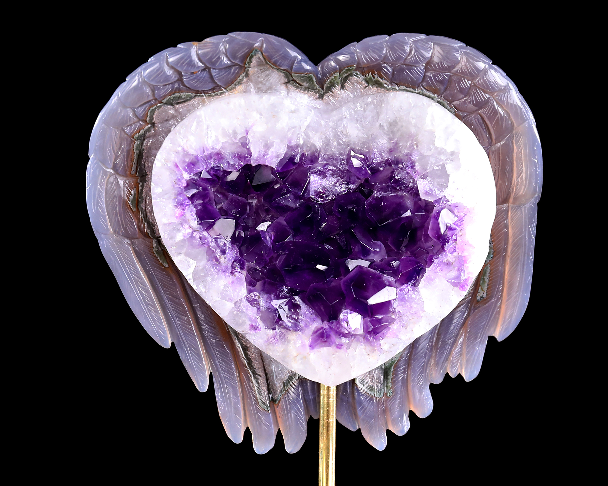 6.3" Amethyst Druse Agate Heart Shape Spirit Wings – Hand Carved Natural Crystal Sculpture
