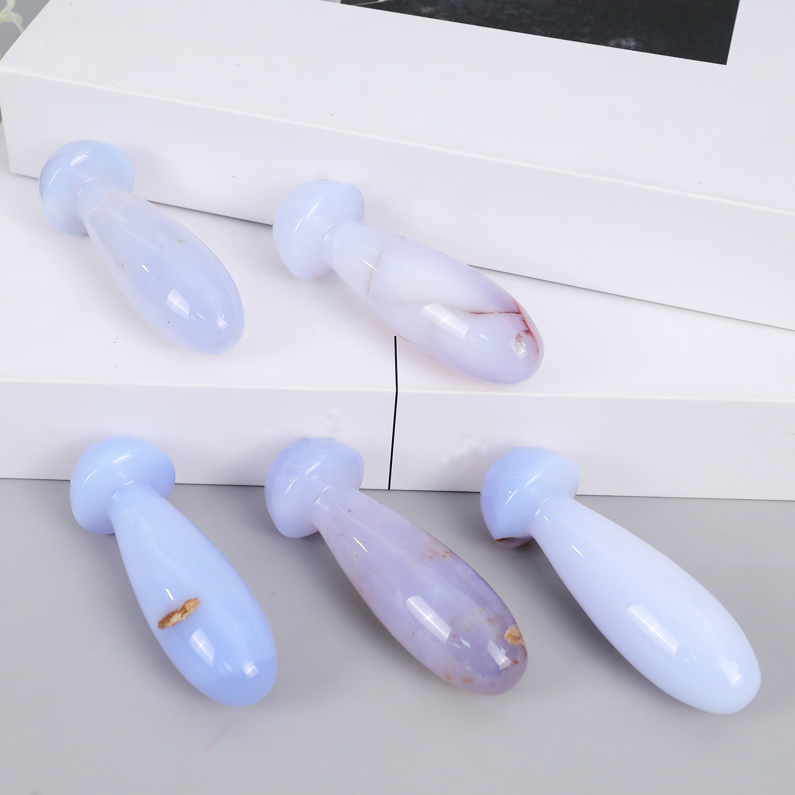 Natural Turkish Blue Chalcedony Mushroom-Shaped Massage Stick - Premium Handheld Tool for Full-Body Relaxation & Muscle Tension Relief