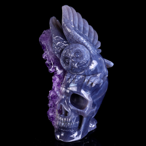 Unique 6.9" Amethyst Druse Agate Skull with Owl – Hand Carved Crystal & Mineral Specimen Sculpture for Collectors And Healing