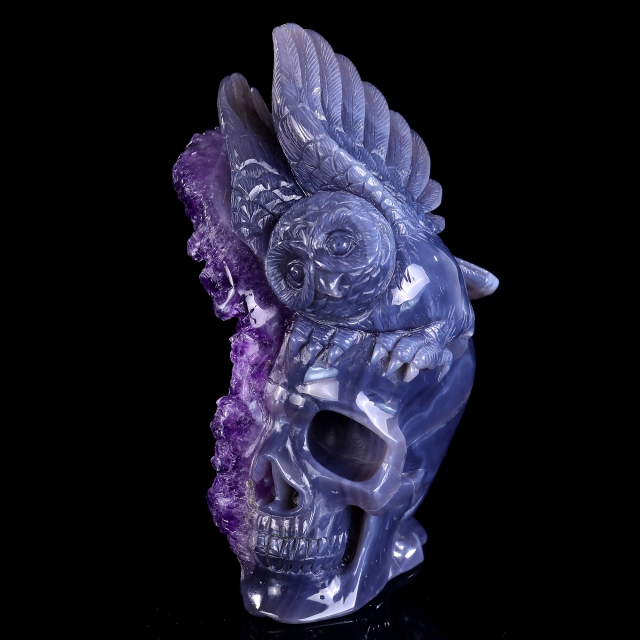 Unique 6.9" Amethyst Druse Agate Skull with Owl – Hand Carved Crystal & Mineral Specimen Sculpture for Collectors And Healing