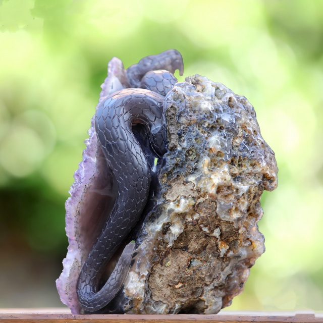 Unique 6.6" Amethyst Geode Agate Skull with Snake – Hand Carved Crystal & Mineral Specimen Sculpture for Collectors And Healing