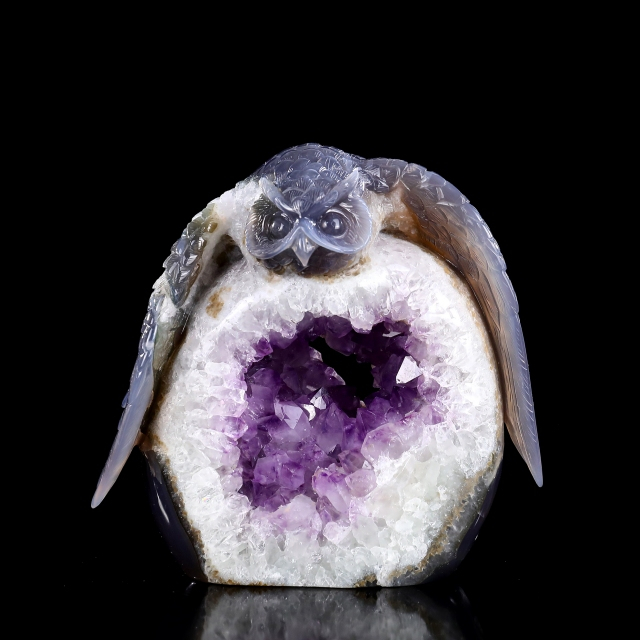 Unique 7-Inch Amethyst Cluster Owl - Hand Carved Natural Gemstone Sculpture for Healing