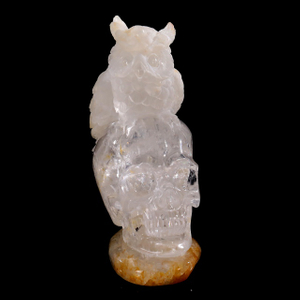 6 Inch Handcrafted Clear Crystal Skull with Owl Accent – Artisanal Carved Spiritual Decor