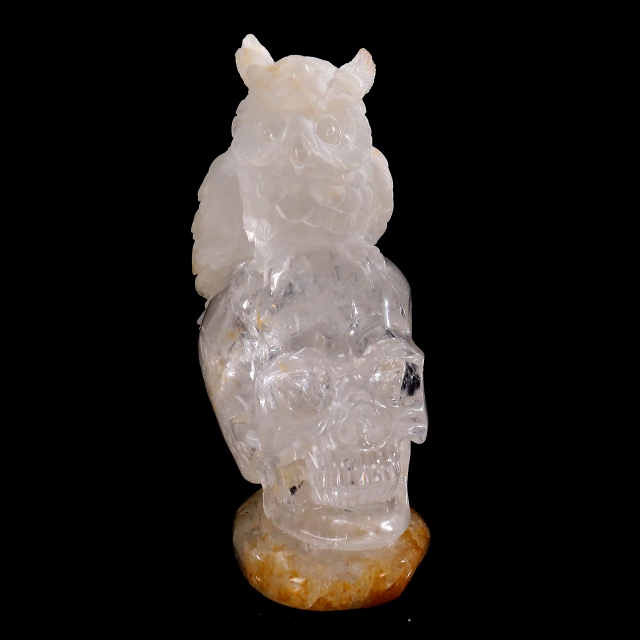 6 Inch Handcrafted Clear Crystal Skull with Owl Accent – Artisanal Carved Spiritual Decor