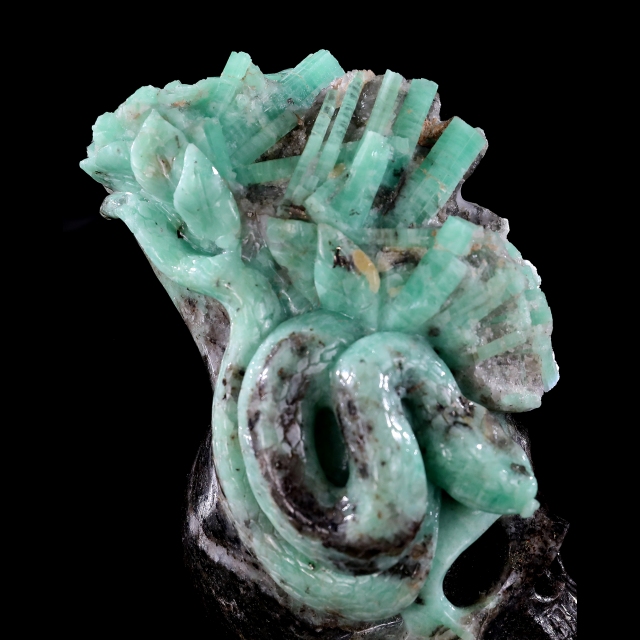 5.5" Natural Emerald Skull and Snake Sculpture, Handcrafted Gemstone Artwork for Collection & Decoration