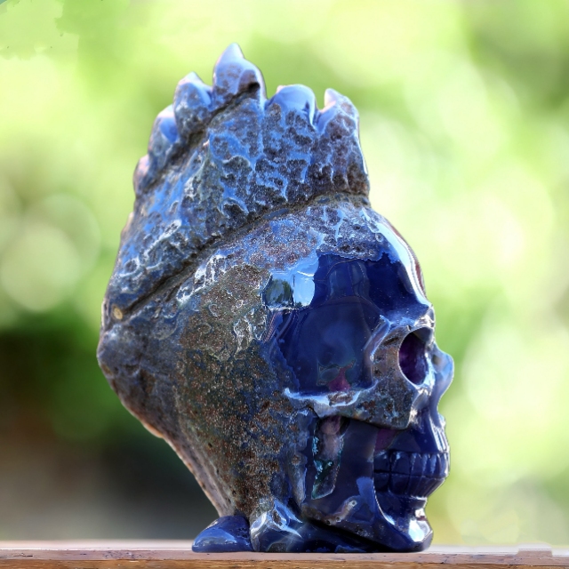 8.9" Amethyst Geode Agate Hand Carved Crystal Geode Skull Sculpture