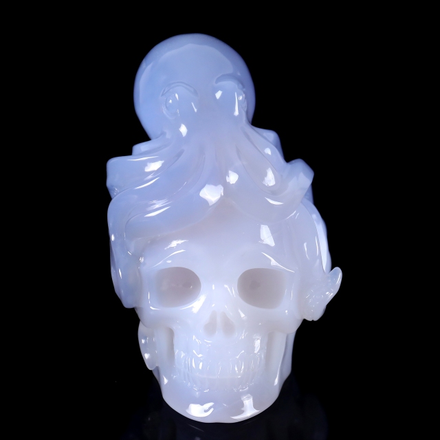 6.5 Inch Blue Chalcedony Hand-Carved Skull & Octopus Sculpture - Exquisite Craftsmanship Artwork
