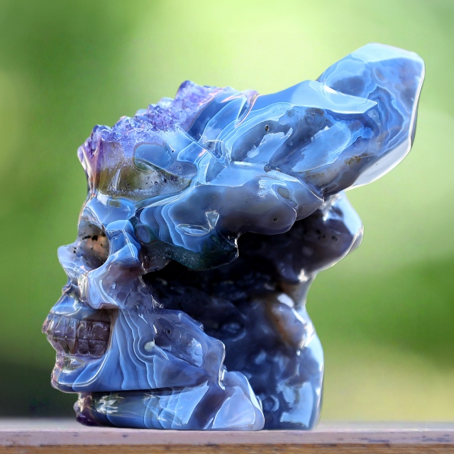 5.0" Amethyst Druse Agate Hand Carved Mineral Specimen Skull Sculpture
