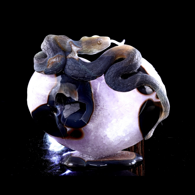 Hand-Carved Amethyst Cluster Heart Sculpture with Snake - Unique Crystal Artifact for Crystal Collectors, Home Accent & Spiritual Healing