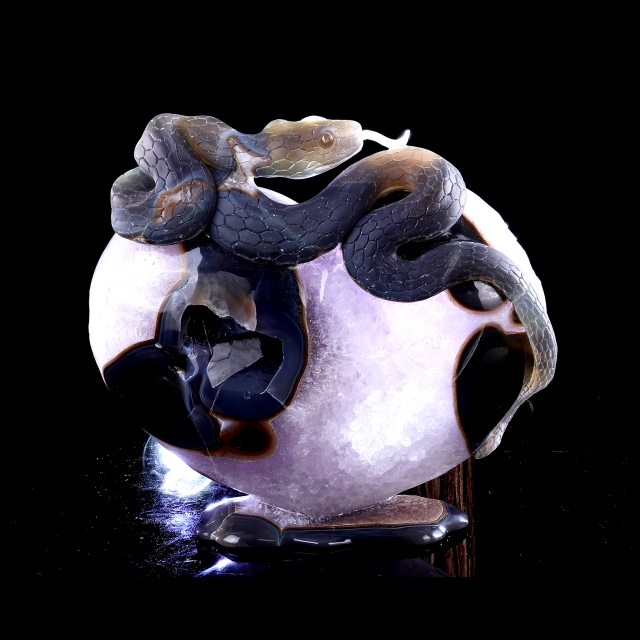 Hand-Carved Amethyst Cluster Heart Sculpture with Snake - Unique Crystal Artifact for Crystal Collectors, Home Accent & Spiritual Healing