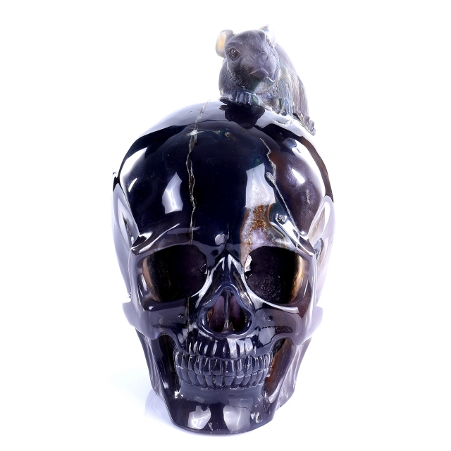 Hand-Carved Amethyst Cluster Skull with Mouse - Natural Gemstone Artifact for Crystal Collectors, Home Decor & Spiritual Practices