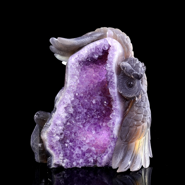 Hand-Carved Amethyst Cluster Owl & Snake Sculpture - Natural Gemstone Artifact for Crystal Collectors, Home Accent & Spiritual Healing