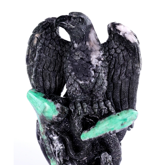 9.4" Emerald Hand Carved Crystal Eagle Catching Snake Sculpture