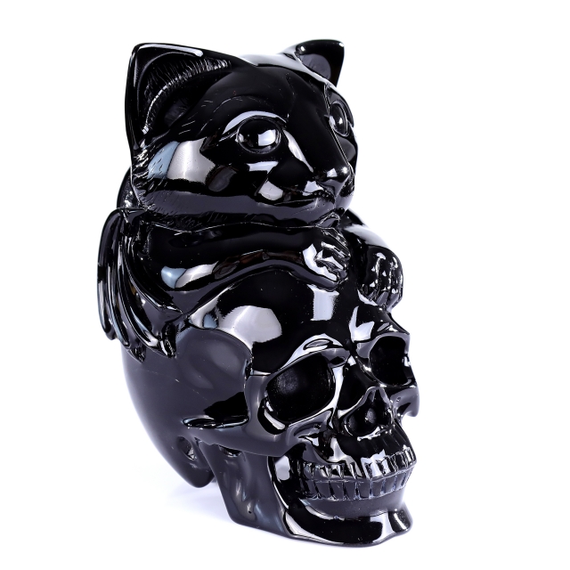 7.8" Natural Black Obsidian Hand Carved Crystal Skull and Cat Sculpture