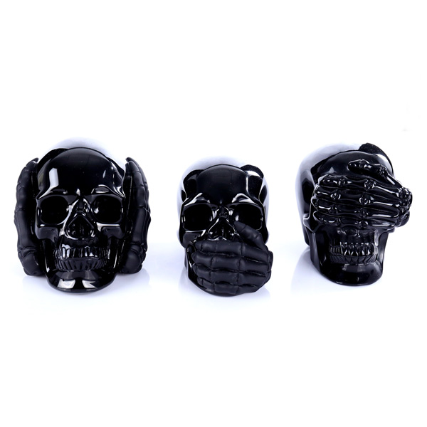 5.0" Natural Obsidian Crystal Skull Carving Three Wise Monkeys Handcrafted Gemstone Figurine