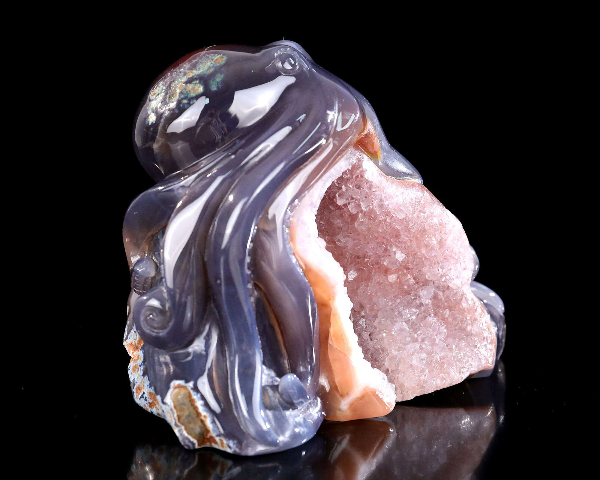 Handmade Geode Agate Octopus Carving - Natural Crystal Sculpture for Home Decor