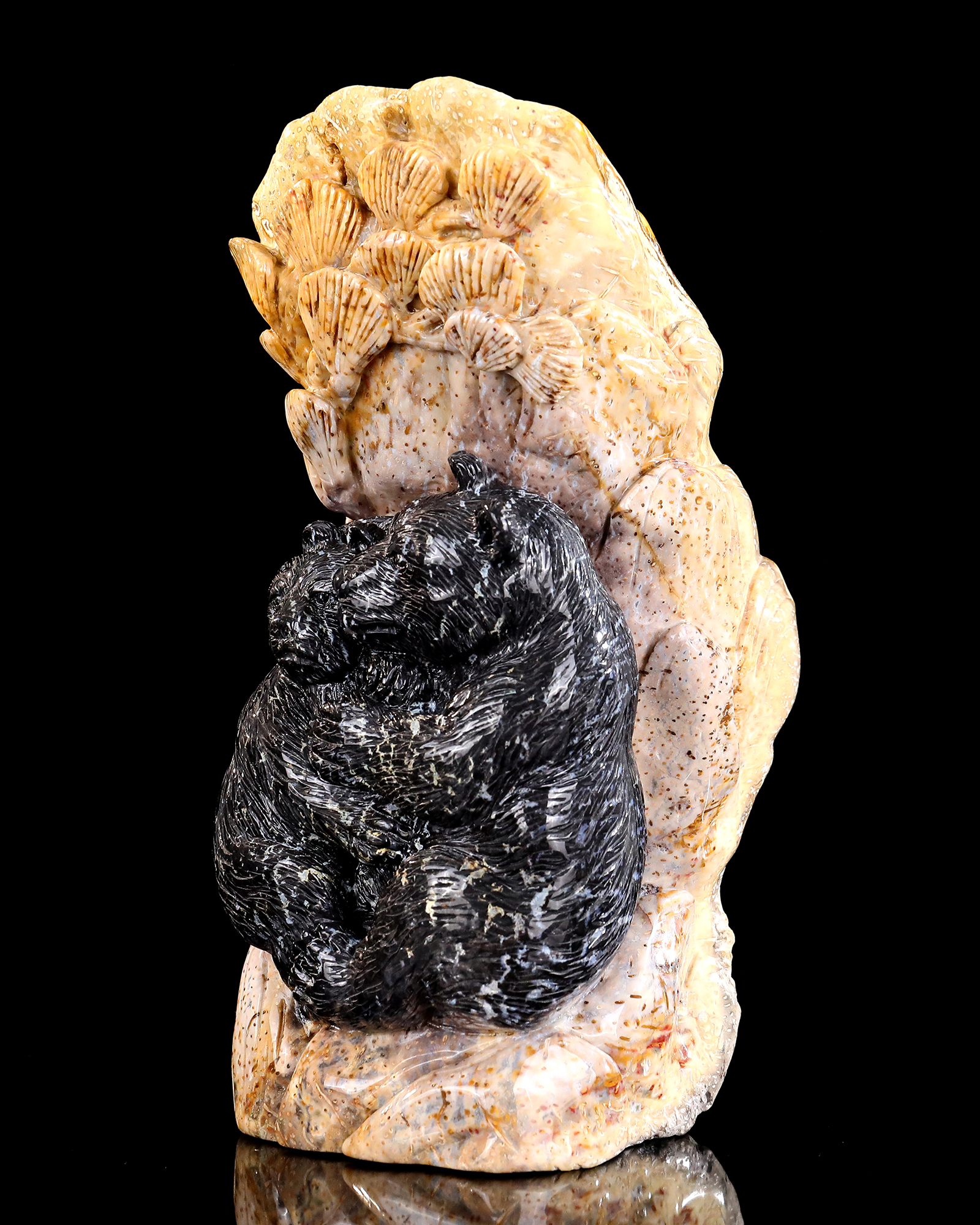 Natural Agatized Coral Stone Black Bear Mother & Cub Carving - Handcrafted Wildlife Sculpture for Home Decor & Gift