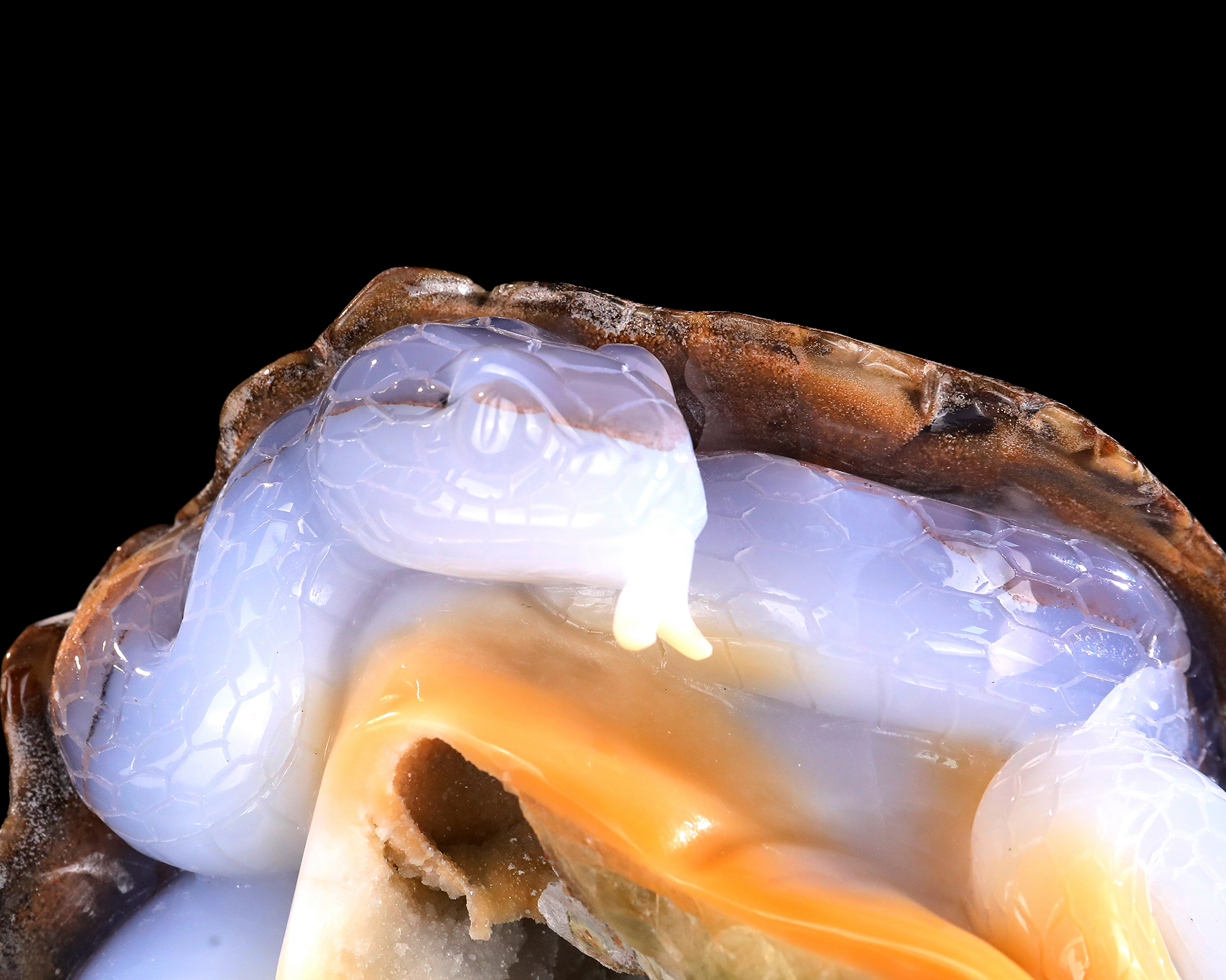 Natural Blue Chalcedony Geode Snake Carving - Handcrafted Crystal Animal Sculpture for Home Decor & Collection