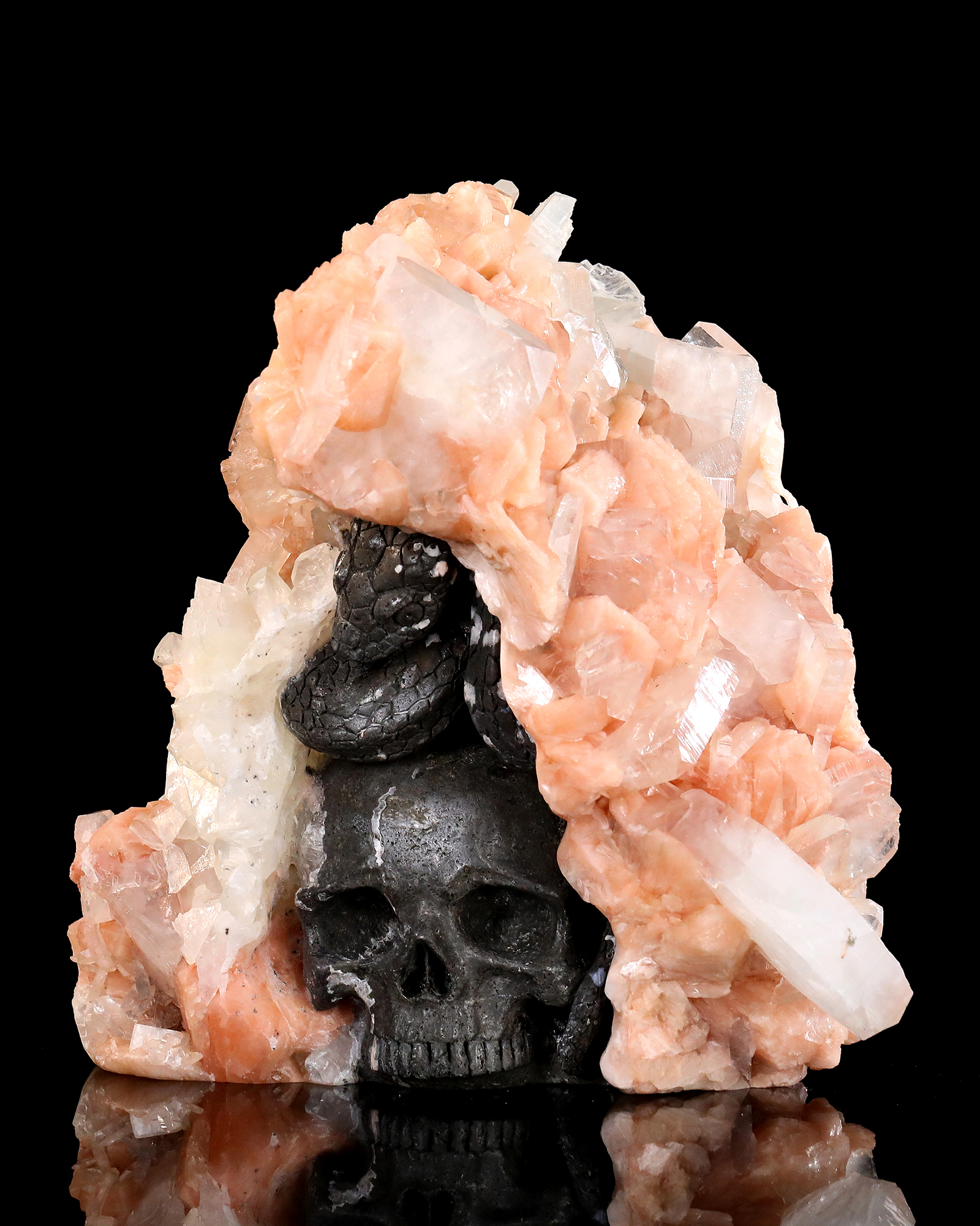 9.8” Unique Raw Indian Apophyllite with Stilbite Hand Carved Crystal Skull and Snake Sculpture, Unique Crystal Carving for Collectors