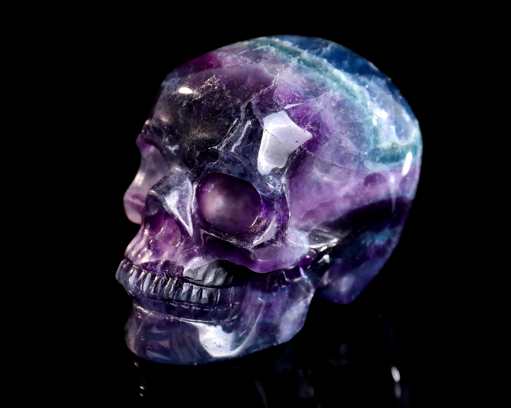 Ice-Clear Multihued Natural Fluorite Skull - Artisan Hand-Carved Sculpture