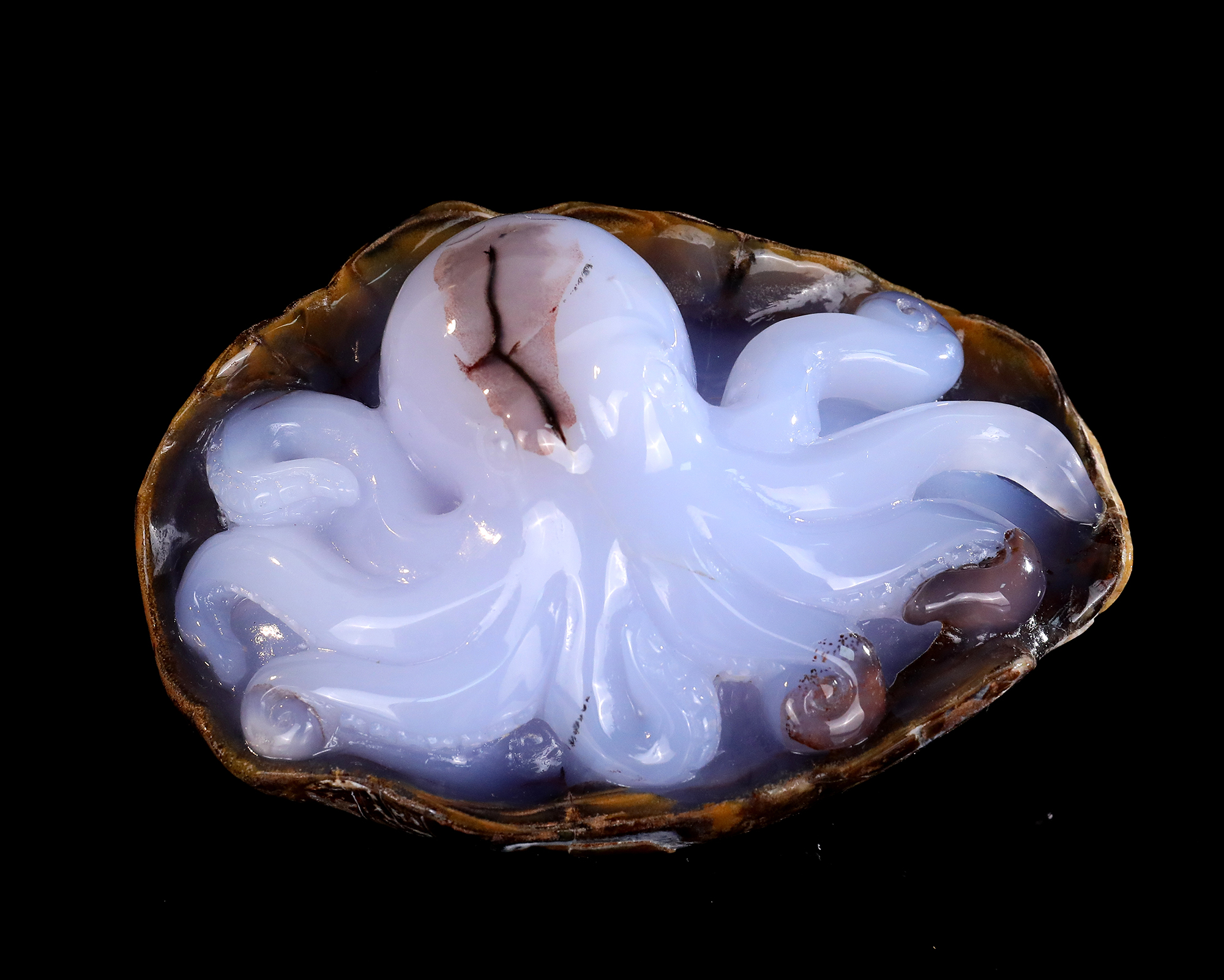 Hand-Carved Blue Chalcedony Octopus Sculpture Natural Crystal Gemstone Ornament