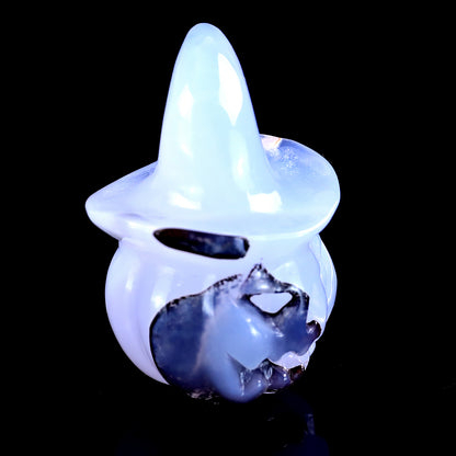 2.4” Natural Blue Chalcedony Hand Carved Crystal Wizard Pumpkin Sculpture, Halloween Gift