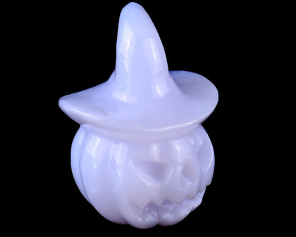 3.3” Natural Blue Chalcedony Hand Carved Crystal Wizard Pumpkin Sculpture, Halloween Gift