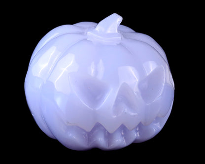 2.6” Natural Blue Chalcedony Hand Carved Crystal Pumpkin Sculpture, Halloween Gift